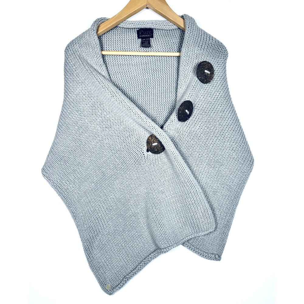 Pure Handknit Shawl Wrap One Size Gray Cotton Chunky Knit Button Cape Cozy‎